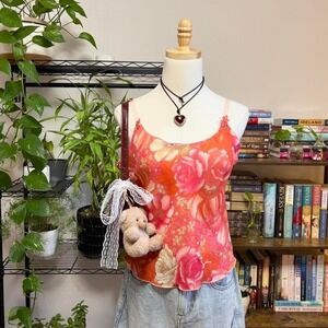 Vintage Y2K Floral Micro Mesh Cami Tank Top‎ Small Summer Fairy Floral Appliqué